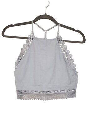 Fornia Womens Light Gray High Neck Scalloped Lace Trim Strappy Back Bralette M/L
